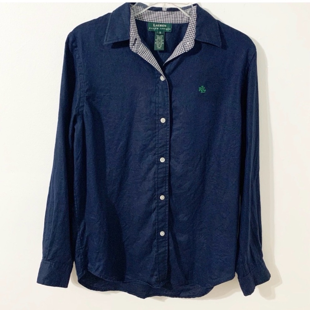 Lauren Ralph Lauren 100% Linen Button Down Long Sleeve Shirt Pointed Collar Navy